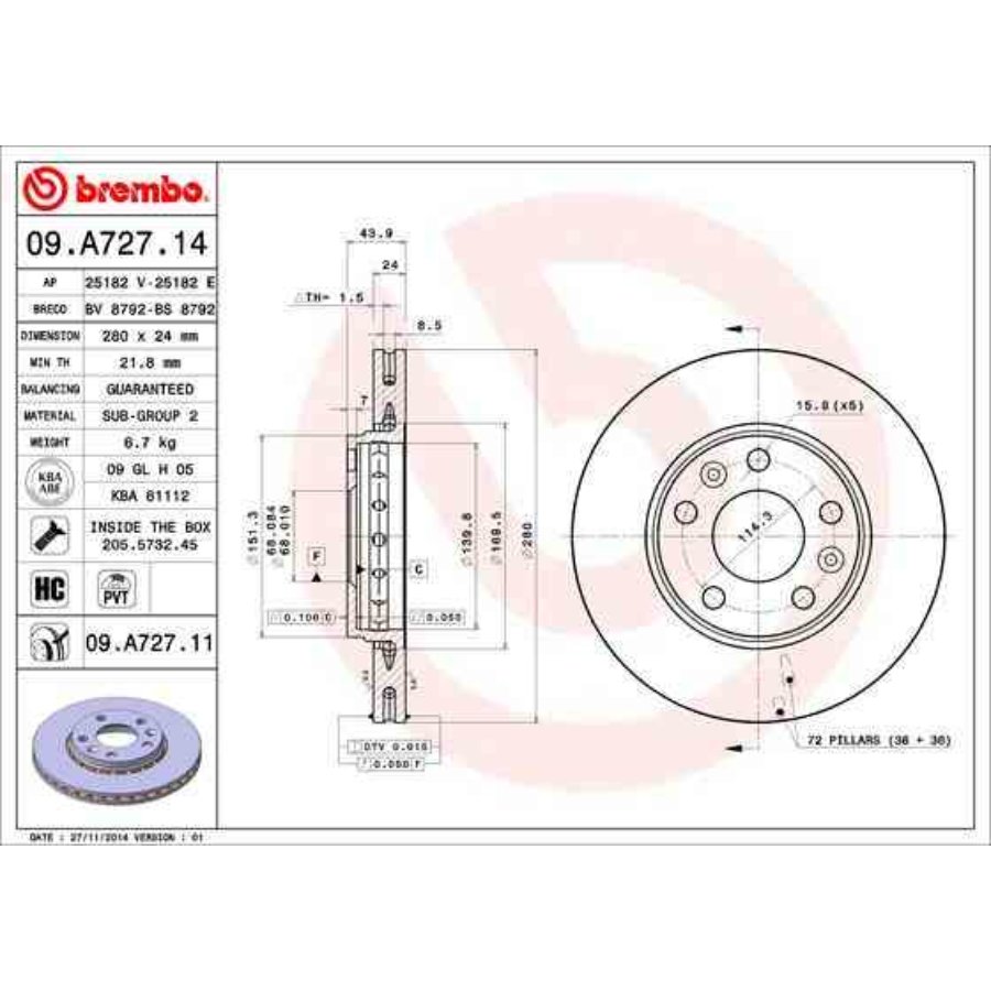 Discos Trav&atilde;o (2) BREMBO 09.A727.14